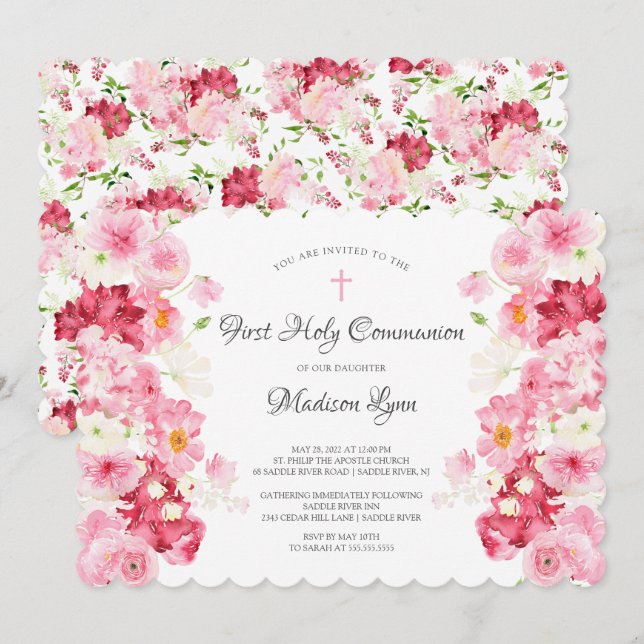 Printemps fleurit Floral Communion Invitation (Devant / Derrière)