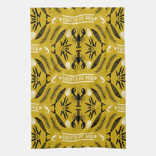 Prints von Meeresfrüchten Art Deco Geschirrtuch (Vertikal)