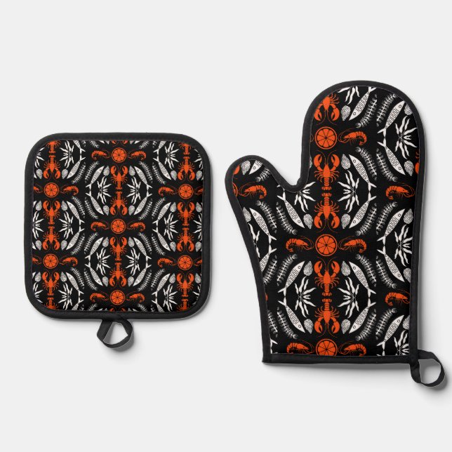 Prints von Meeresfrüchten Art Deco Ofenhandschuh & Topflappen-Set (Vorderseite)