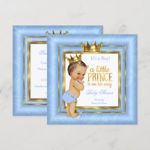Prinz Baby Shower Blau Weiß Gold Krone Brünette Einladung