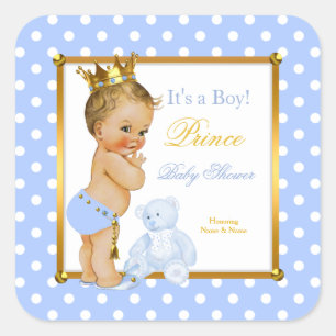 Prinz Baby Shower Junge Blaue Punkte Blond Quadratischer Aufkleber