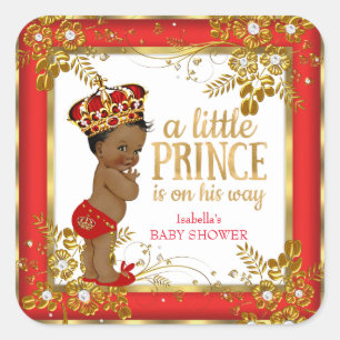 Prinz Baby Shower Junge Rot Gold Weiß Ethnisch Quadratischer Aufkleber