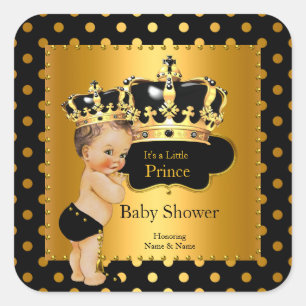 Prinz Baby Shower Junge Schwarz Gold Brünett Quadratischer Aufkleber