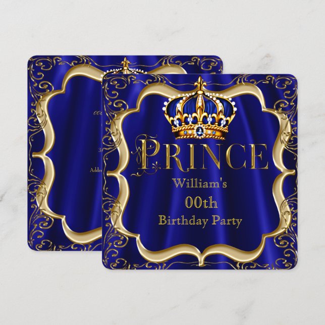 Prinz Birthday Royal Blue Gold Crown Mens 2 Einladung (Vorne/Hinten)
