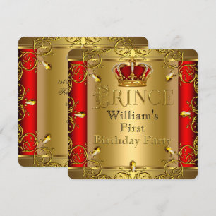Prinz Erster 1. Geburtstag Junge Rot Gold Krone Einladung