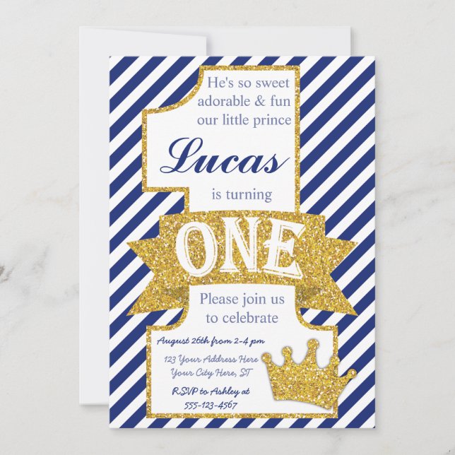 Prinz First Birthday Invitation mit Umschlägen Einladung (Vorderseite)