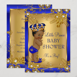 Prinz Junge Baby Shower Gold Blau Afroamerikanisch Einladung