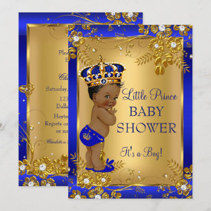 Prinz Junge Baby Shower Gold Blau Afroamerikanisch Einladung