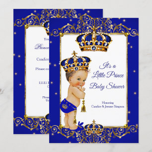 Prinz Junge Baby Shower Royal Blau Gold Brünette Einladung