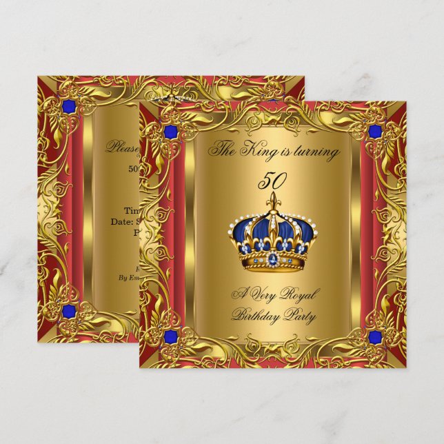 Prinz oder King Red Gold Royal Blue Crown Geburtst Einladung (Vorne/Hinten)