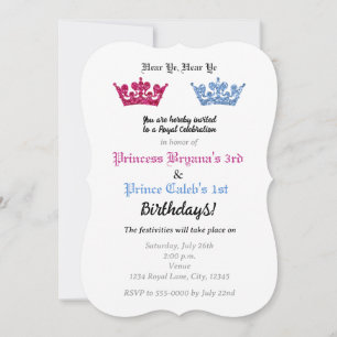 Prinz Prinzessin Kronen Zwillinge Party Rosa & Bla Einladung