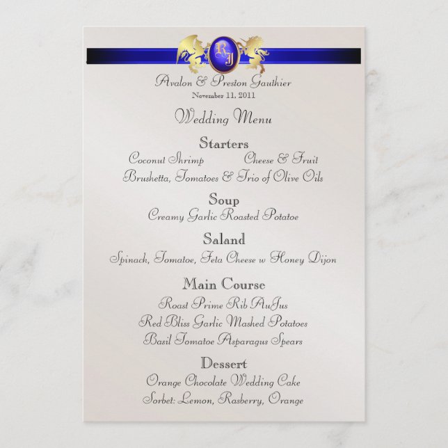Prinz-u. Prinzessin-Blue Jewel Crest Wedding Menü Menükarte (Vorderseite)