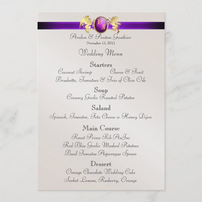 Prinz-u. Prinzessin-Purple Jewel Crest Wedding Menükarte (Vorderseite)