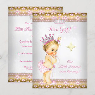 Prinzessin Baby Shower Pink Weiß Gold Tiara Blond Einladung
