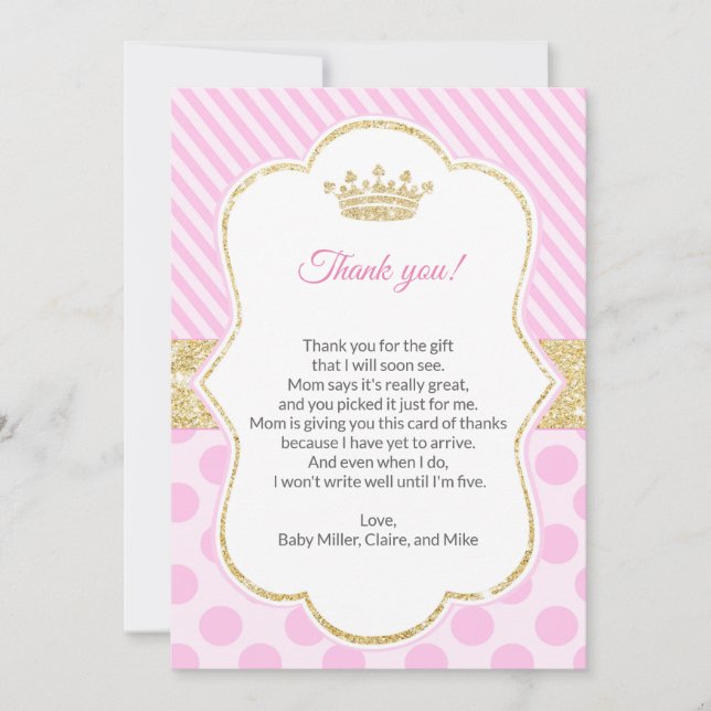Prinzessin Babyparty danken Ihnen, rosa Gold zu Dankeskarte (Vorderseite)