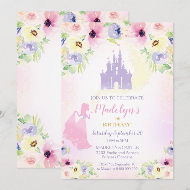 Prinzessin Birthday Einladung Prinzessin Burg (Vorne/Hinten)
