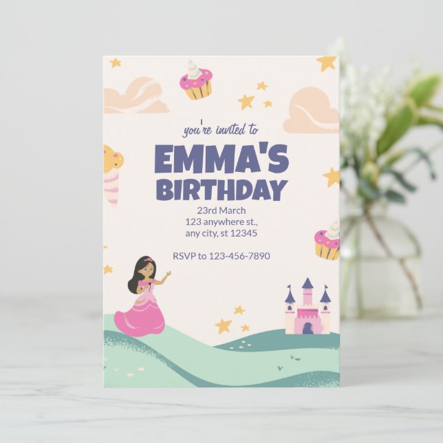 Prinzessin Birthday Einladung, Zauberin Einladung (Stehend Vorderseite)
