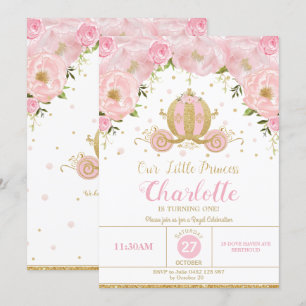 Prinzessin Birthday Party Carriage Pink mit Blumen Einladung