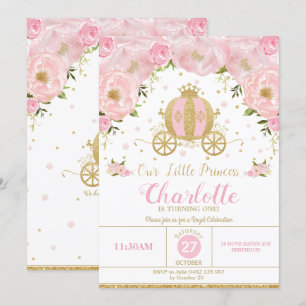 Prinzessin Birthday Party Carriage Pink mit Blumen Einladung