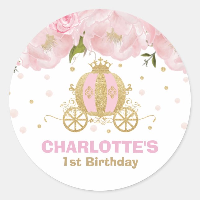 Prinzessin Carriage Floral Pink und Gold Gefallen Runder Aufkleber (Vorderseite)