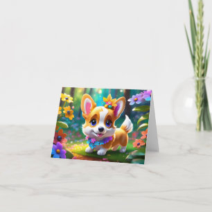 Prinzessin Corgi Welpe mit Blumen Leere Grußkarte Karte