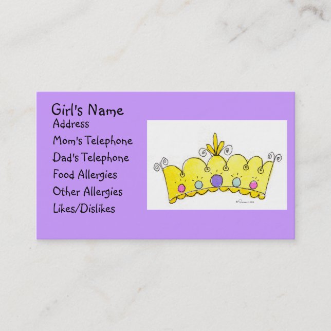 Prinzessin Crown - kleine Mädchen-Karte Telefonnummerkarte (Vorderseite)