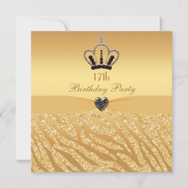 Prinzessin Crown u. Zebra-Glitzer-Druck-17. Einladung (Vorderseite)