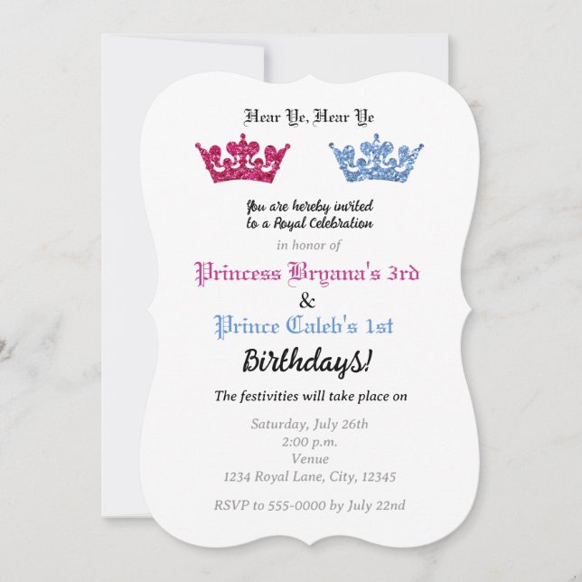 Prinzessin Crowns Twins Party Pink & Blue Einladung (Vorderseite)