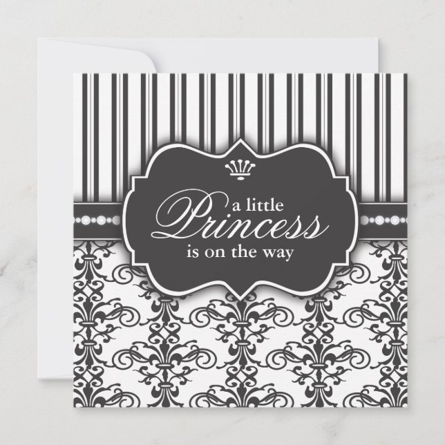 Prinzessin Damask & Stripe Black & White Baby Dusc Einladung (Vorderseite)