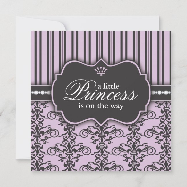 Prinzessin Damask & Stripe Lila Babydusche Einladung (Vorderseite)