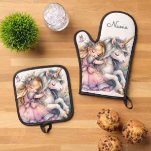 Prinzessin Einhorn Pastell Märchen Fantasy Ofenhandschuh & Topflappen-Set