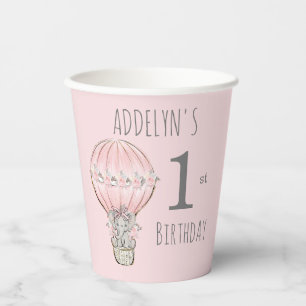 Prinzessin Elefant Luftballon Rosa Grau 1. Geburts Pappbecher