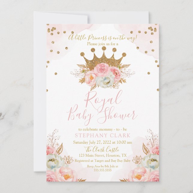 Prinzessin Floral Pink & Gold Babydusche Einladung (Vorderseite)
