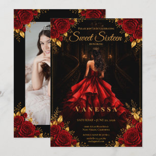 Prinzessin Foto Sweet 16 Rot Gold Einladung