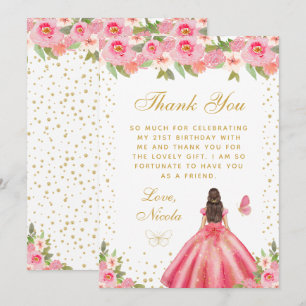 Prinzessin Geburtstagsfeier mit pinker floraler Fr Dankeskarte