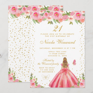 Prinzessin Geburtstagsfeier mit rosa floraler Blon Einladung