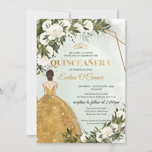 Prinzessin goldenes Kleid Blumengrün Quinceañera Einladung (Vorderseite)