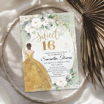 Prinzessin goldfarbenes Kleid mit weißem Rosengrün Einladung<br><div class="desc">Prinzessin goldfarbenes Kleid mit weißem Rosengrün, 16 . Geburtstag Einladung, Phantastisches Design für die Veranstaltung Schreibwaren mit Aquarell weißen Rosen Blume gemischt frische eukalyptus Grün und grünes Blattwerk sanft in Imitat goldgeometrische Rahmen gewebt. Atemberaubender Boho Stil für Ihre Hochzeit , Brautparty oder Baby Shower Party Feier. In dieser Kollektion finden...</div>