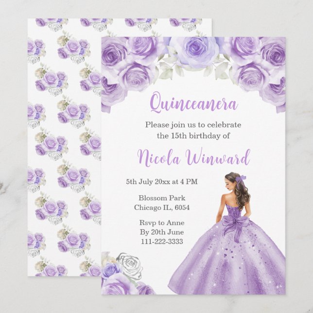 Prinzessin im Lila Dress Quinceanera Einladung (Vorne/Hinten)