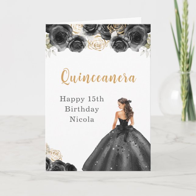 Prinzessin in Black Dress Sweet Quinceanera Karte (Vorderseite)