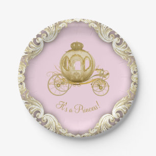Prinzessin in rosa-goldener Kutsche Baby Shower Pappteller