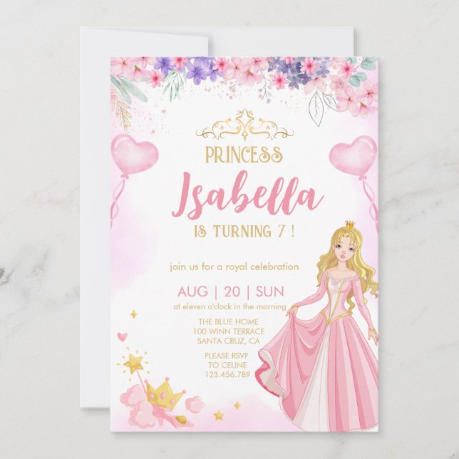 Prinzessin Mädchen zum Geburtstag Einladung (Vorderseite)