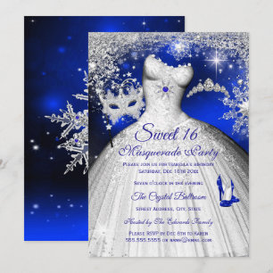 Prinzessin Masquerade Sweet 16 Royal Blau Silber Einladung