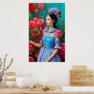 Prinzessin mit kariertem blauem Kleid Poster