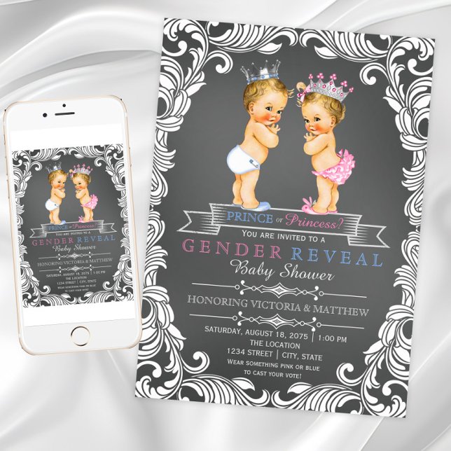 Prinzessin oder Prinzessin Chalk Gender Reveal Einladung (Prince or Princess gender reveal invitations. Instant download and printed invitations available. )