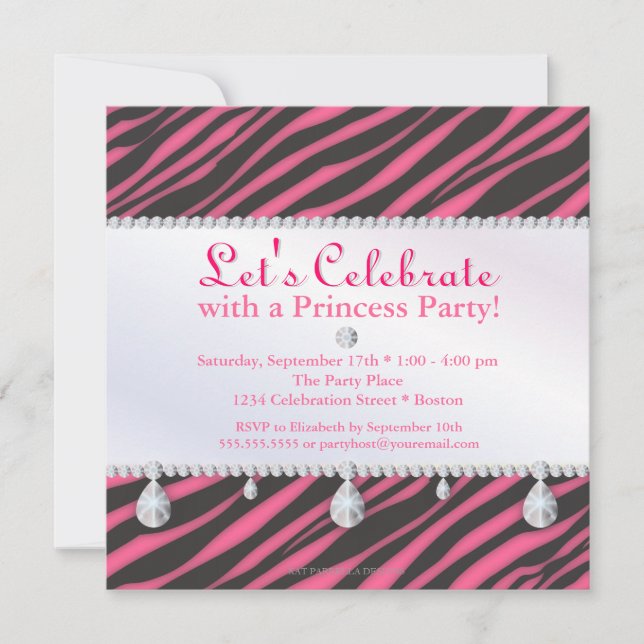Prinzessin Party Zebra Stripes im rosa Geburtstag Einladung (Vorderseite)