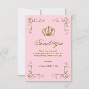 Prinzessin Pink Gold Crown Thank Sie Babyparty Dankeskarte