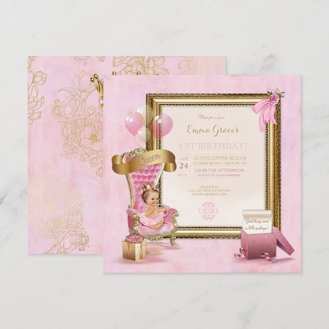 Prinzessin Pink Velvet Throne Gold Crown Geburtsta Einladung (Vorne/Hinten)