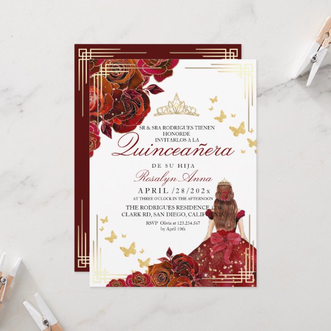 Prinzessin Quinceañera aus der Roten Rose Einladung (Vorderseite/Rückseite Beispiel)