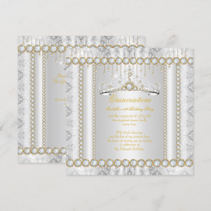 Prinzessin Quinceanera Diamant Spitze Gold Weiß Einladung